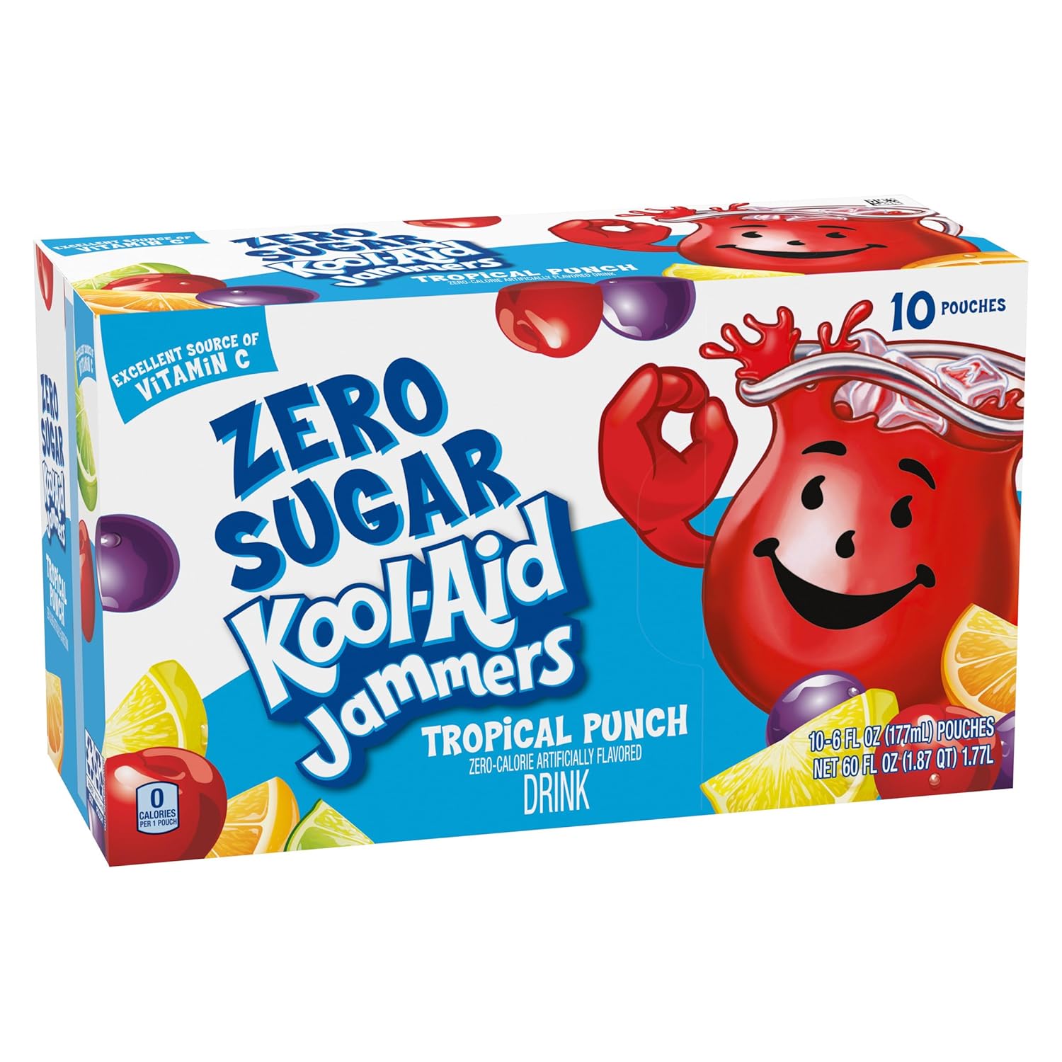 Kool-Aid Jammers Tropical Punch Zero Sugar Pouches, 10 ct Box, Lunchbox Drink for School-Age Kids
