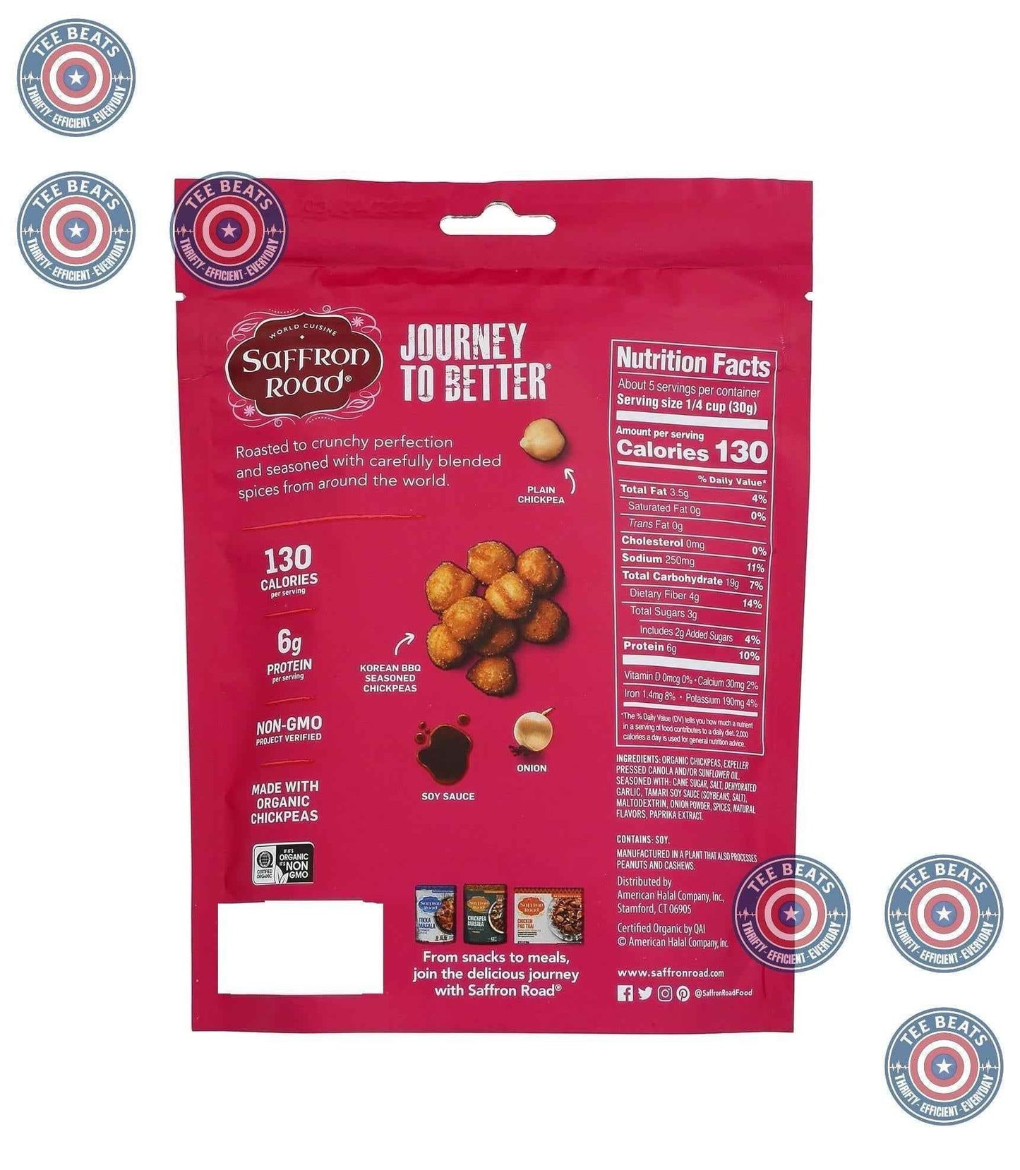Saffron Road Korean BBQ Crunchy Chickpea Snack – Lunchbox Friendly Snack for Gluten Free Classrooms, 6oz Family Pack