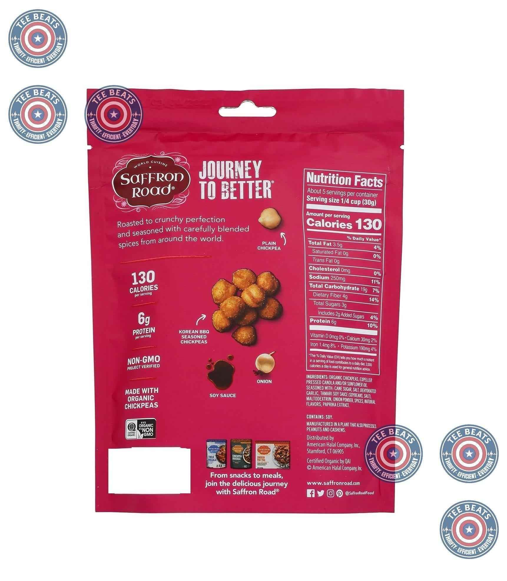 Saffron Road Korean BBQ Crunchy Chickpea Snack – Lunchbox Friendly Snack for Gluten Free Classrooms, 6oz Family Pack
