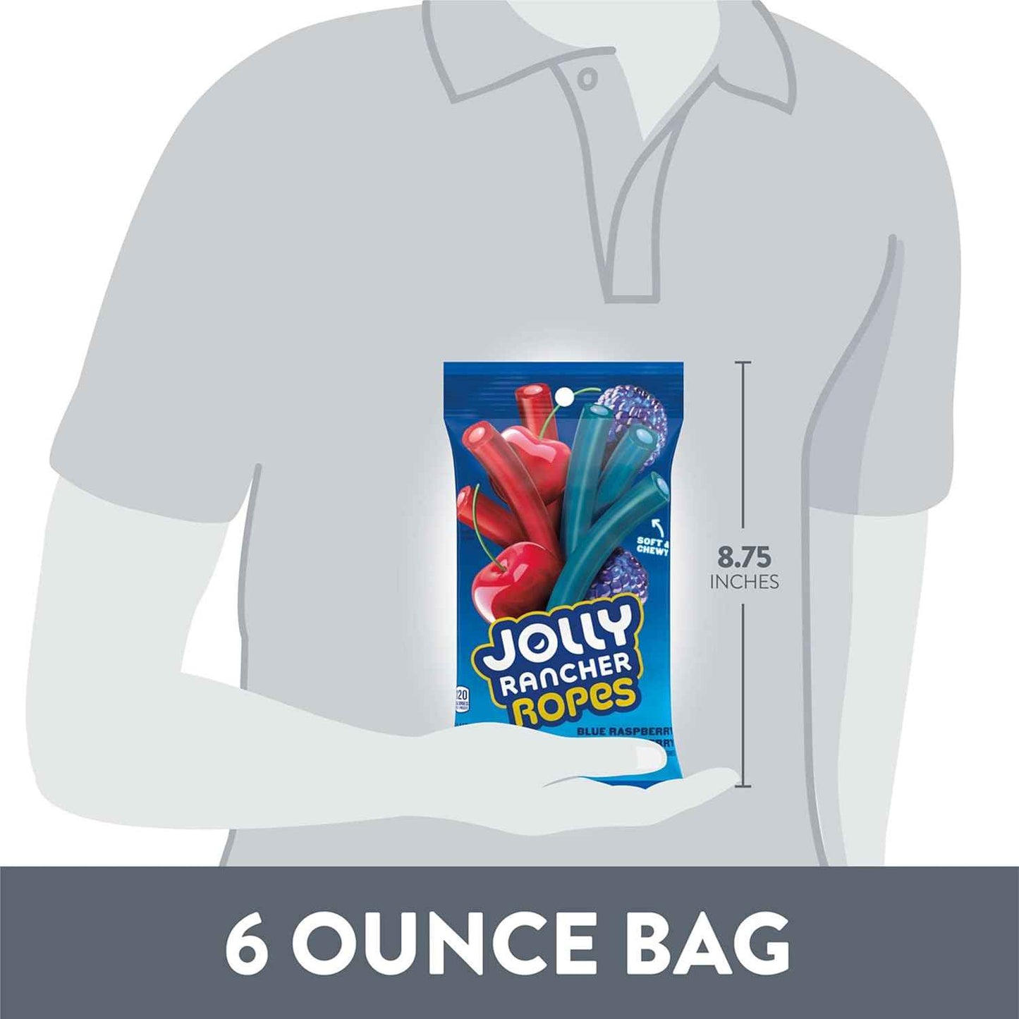 JOLLY RANCHER Ropes Blue Raspberry and Cherry Flavored Candy for Picnics and Camping, 6 oz Portable Chewy Bag