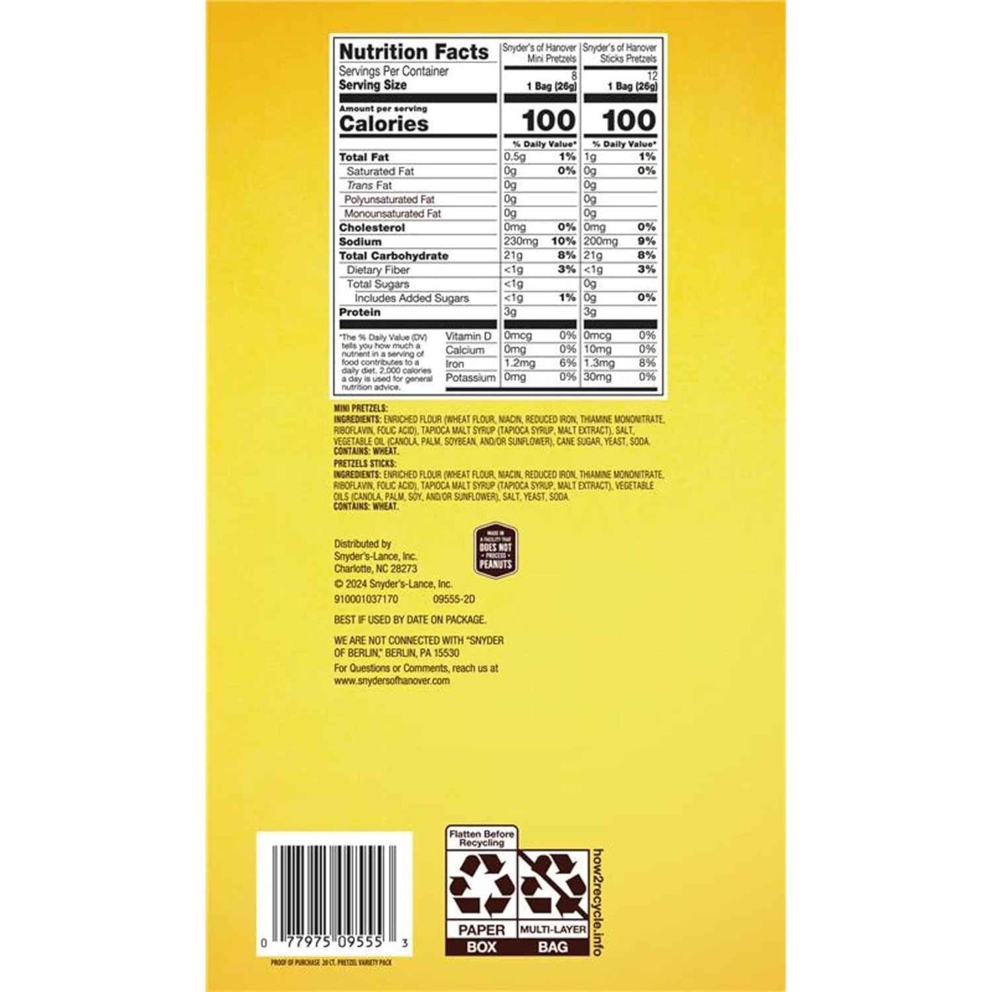 Snyder's of Hanover Kids Pretzel Snack Pack – Peanut-Free Lunch Box Variety, 36 Individually Wrapped Bags