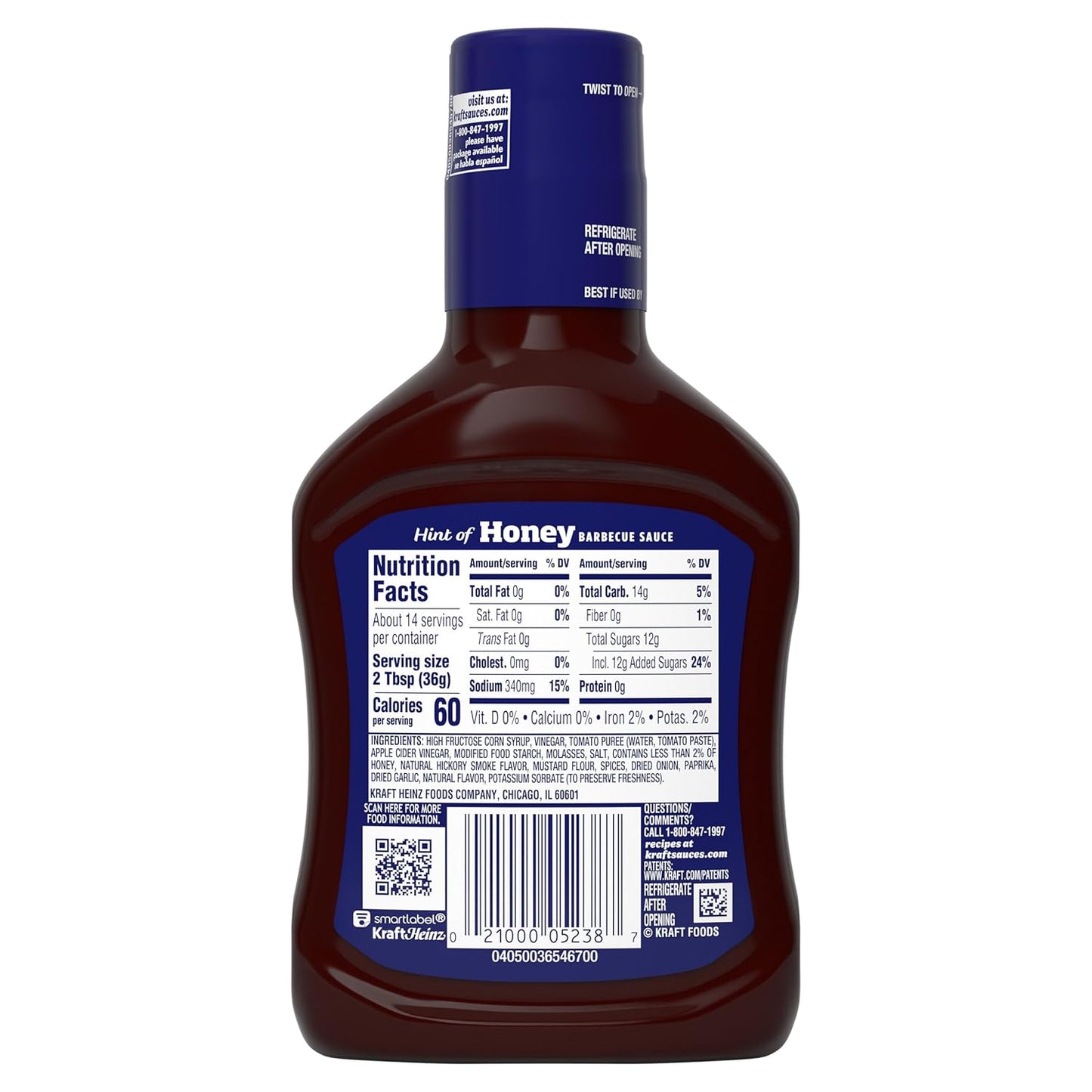 Kraft Hint of Honey Slow-Simmered Barbecue BBQ Sauce 18 oz – Kid-Friendly Family Dip for Tenders, Fries and Meatballs