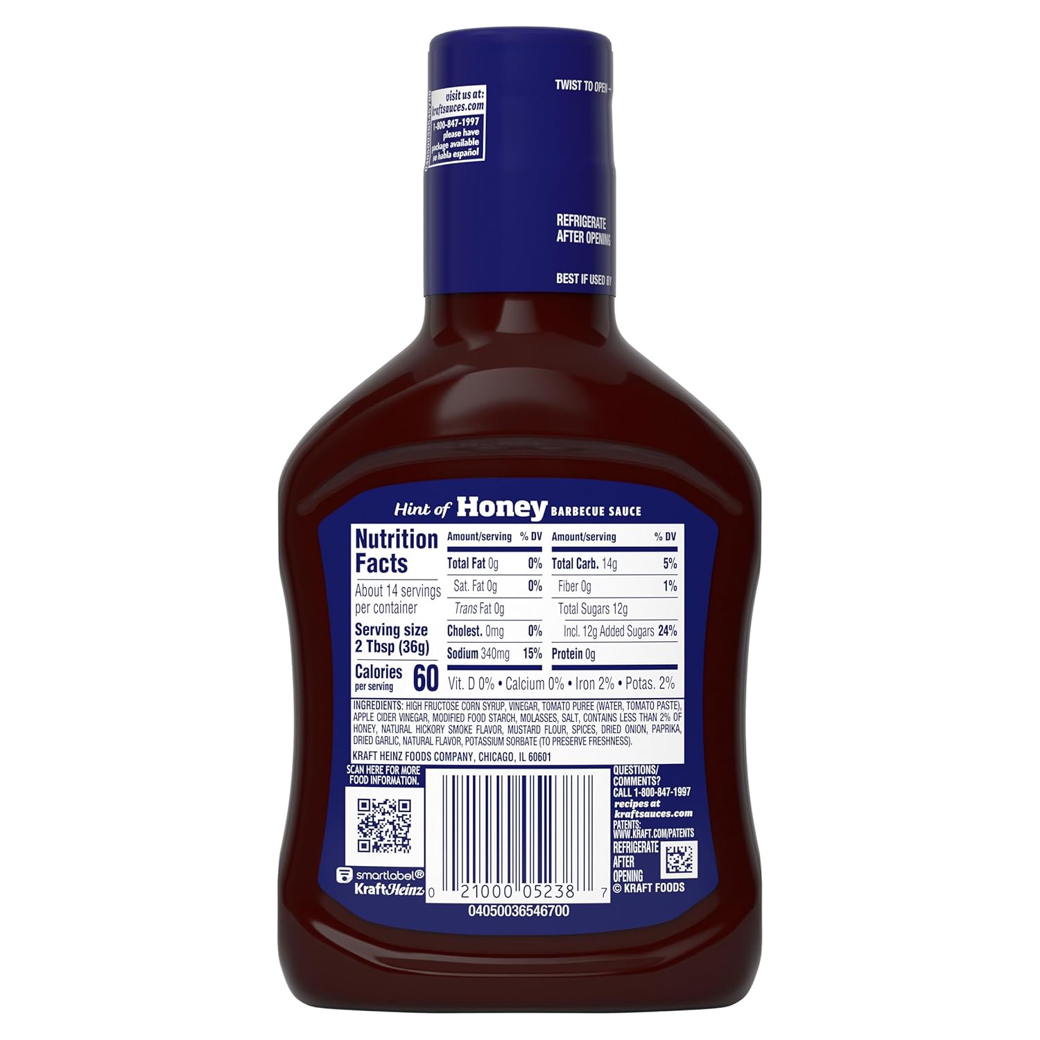 Kraft Hint of Honey Slow-Simmered Barbecue BBQ Sauce 18 oz – Kid-Friendly Family Dip for Tenders, Fries and Meatballs