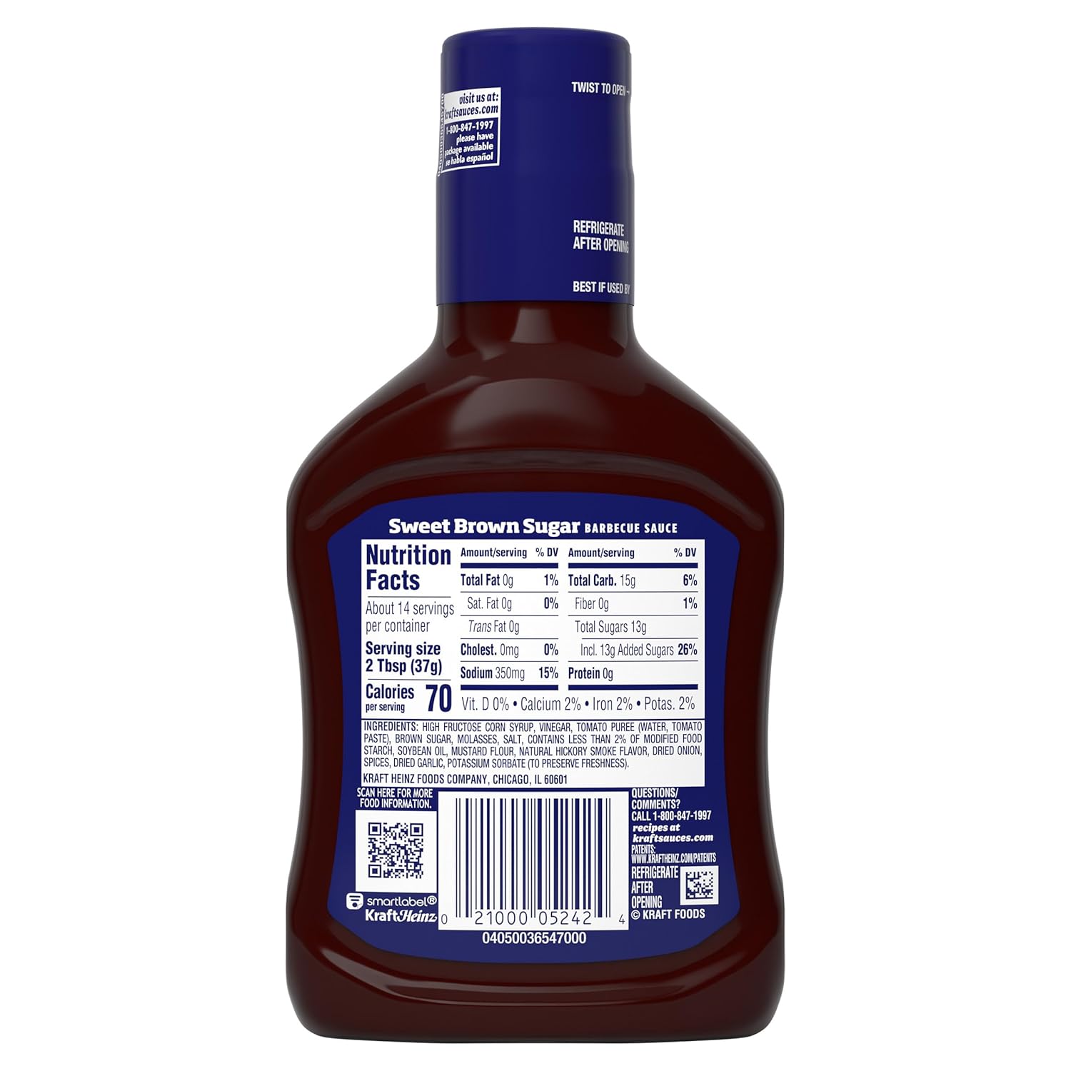 Kraft Sweet Brown Sugar Slow-Simmered Barbecue Sauce, 18 oz Kid-Friendly BBQ Sauce for Family Dinners