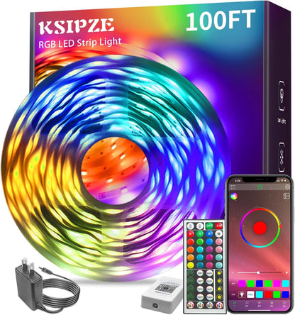 KSIPZE 100ft LED Strip Lights for Kids Bedroom, RGB Color Changing Lights with App and Auto Timer for Playroom