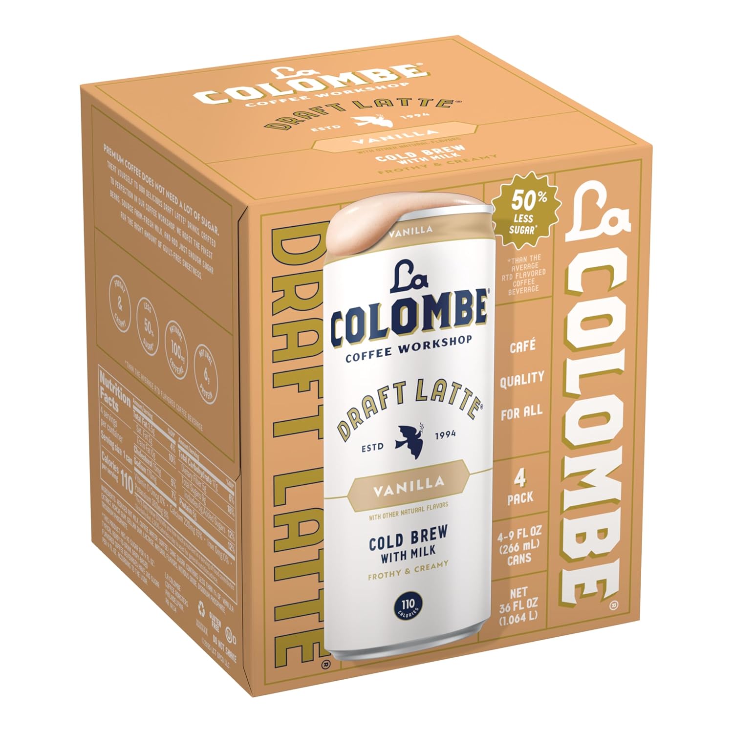 La Colombe Vanilla Draft Latte - Lactose-Free and Gluten-Free Cold Brew for Clean-Eating Routines, 100 Calories