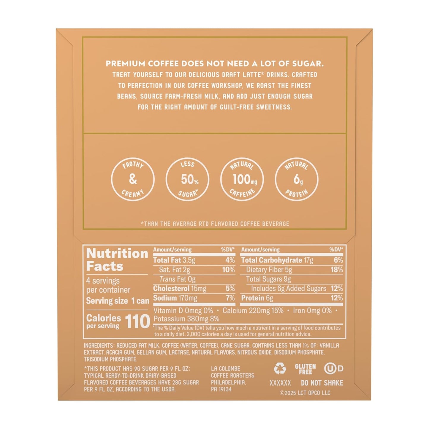 La Colombe Vanilla Draft Latte - Lactose-Free and Gluten-Free Cold Brew for Clean-Eating Routines, 100 Calories