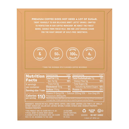 La Colombe Vanilla Draft Latte - Lactose-Free and Gluten-Free Cold Brew for Clean-Eating Routines, 100 Calories