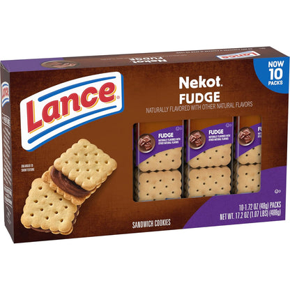 Lance Sandwich Cookies, Nekot Fudge, 10 Individually Wrapped Packs for School Lunches and After-School Snacks
