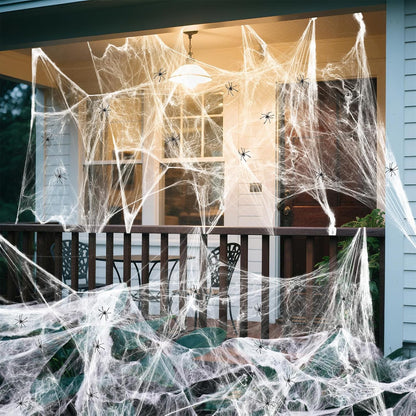 Land Guard 500 sqft Outdoor Spider Web Halloween Decor for Yard Trees and Fence Lines, Lightweight Polyester Cobweb with 10 Spiders for Open-Air Haunts