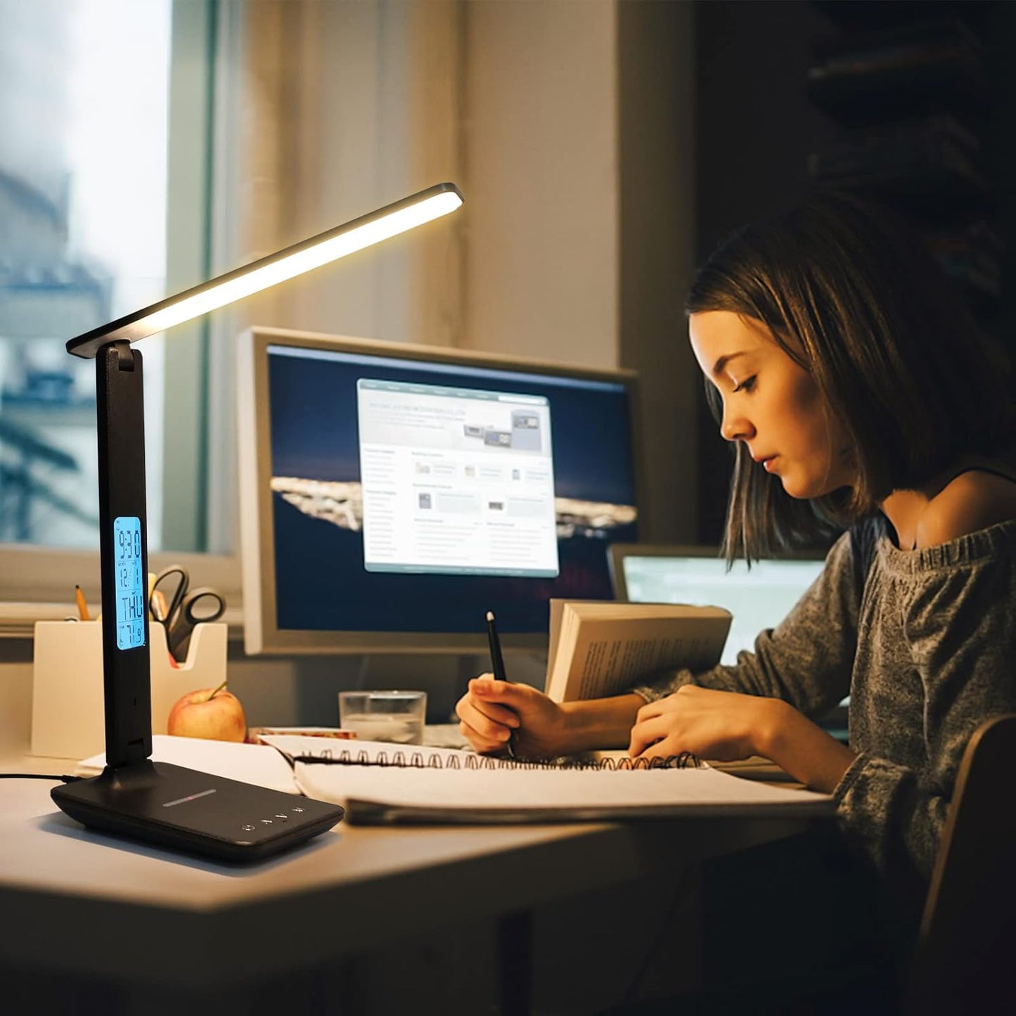 LAOPAO Desk Lamp with Wireless Charger – Home Office Productivity Lamp with USB Port, LCD Clock, and Foldable Arm for Deep Work