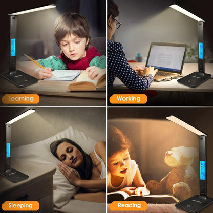 LAOPAO Desk Lamp with Wireless Charger – Home Office Productivity Lamp with USB Port, LCD Clock, and Foldable Arm for Deep Work