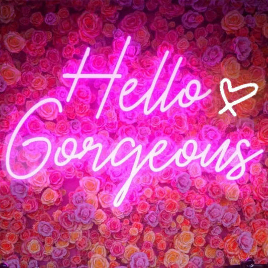 Hello Gorgeous Neon Sign – Premium Pink LED Neon Wall Art for Elevated Home Interiors, Dimmable with Timer