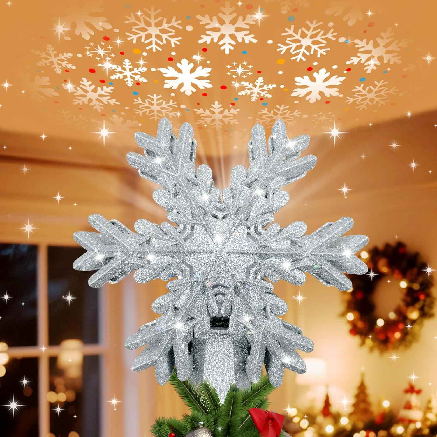 [Brand Name] 3D Glitter Snowflake Tree Topper – Cozy Bedroom Holiday Aesthetic with Rotating Wall and Ceiling Projection