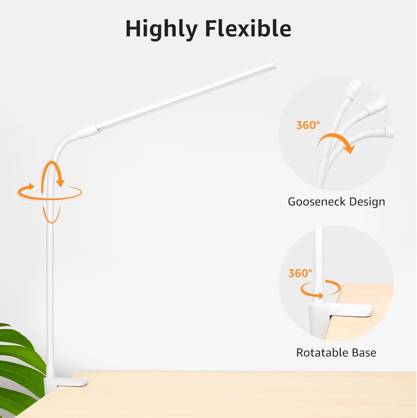 Lepro Slim Clip-On LED Lamp for Uncluttered Desks, Matte Aluminum USB Reading Light in White or Black
