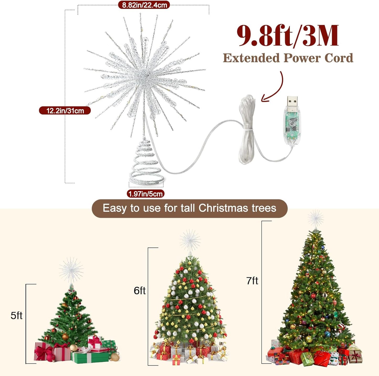 Lewondr Snowflake Tree Topper – Cozy Christmas Bedroom Decor, 12.2in Lighted Xmas Topper with Glittered Epoxy Finish