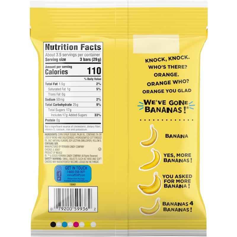 Laffy Taffy Mini Bar Bag, Banana, Chewy Taffy Candy, 3.5 oz – Lunchbox-Safe Individually Wrapped Snack for School-Age Kids