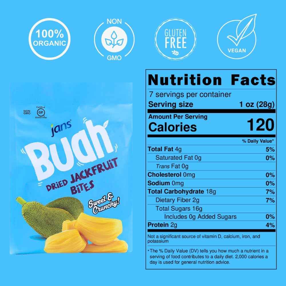 Jans Buah Freeze Dried Jackfruit Chips 7 Oz – Family-Friendly Fruit Snack for Lunchboxes and After-School Bites, No Added Sugar