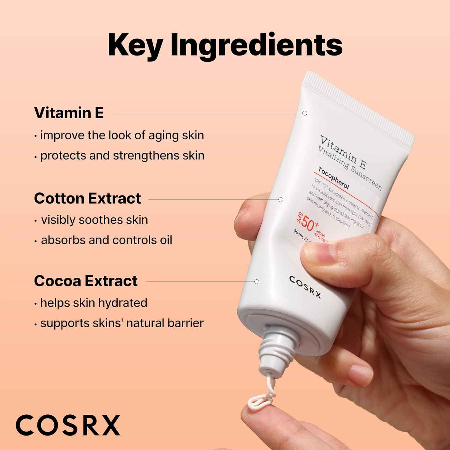 COSRX Vitamin E Vitalizing Sunscreen – Beach and Pool Day SPF 50, Water-Resistant Korean Face Sunscreen