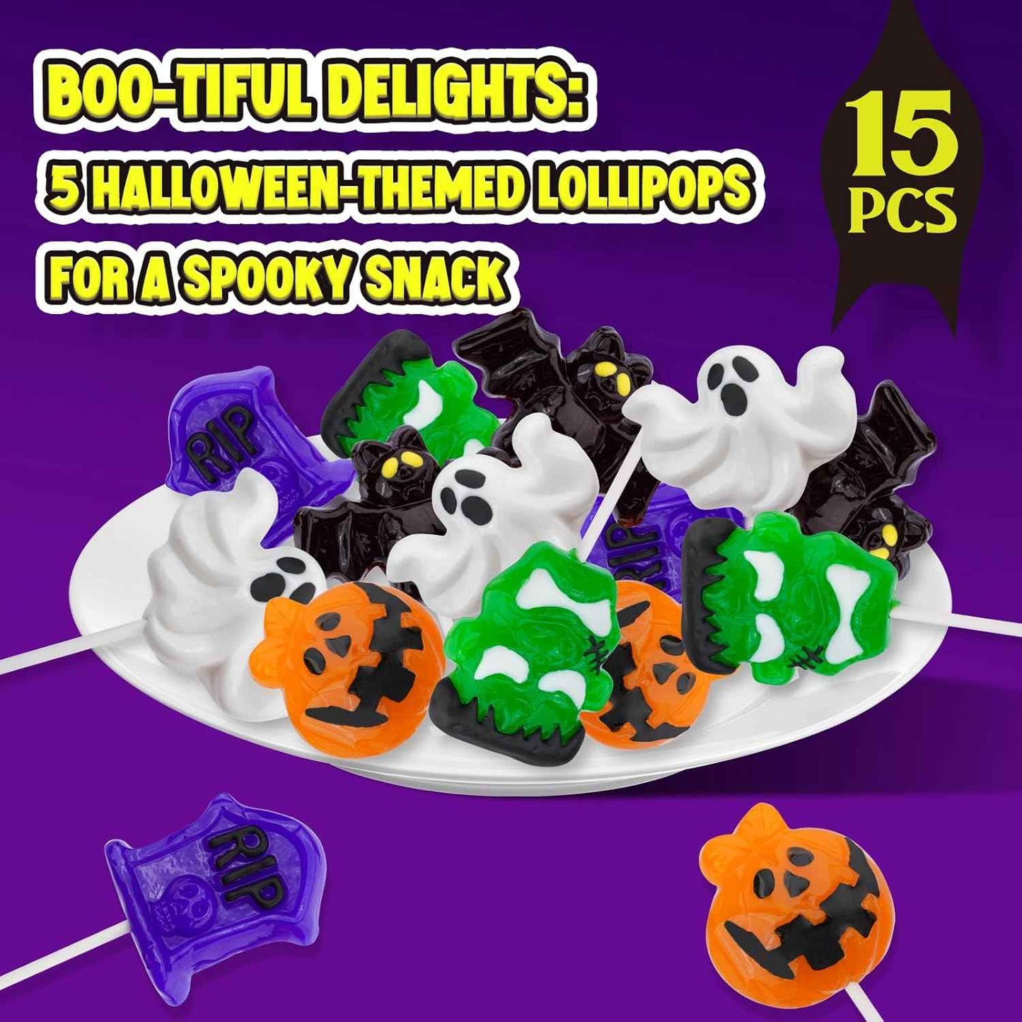Amos Kids Halloween Candy Lollipops – Pre-Portioned 15ct Monster Suckers for Playroom Treat Bowls, School Party Tables & Trick-or-Treat Night