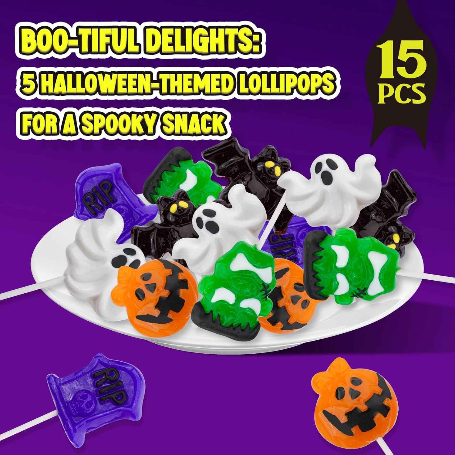 Amos Kids Halloween Candy Lollipops – Pre-Portioned 15ct Monster Suckers for Playroom Treat Bowls, School Party Tables & Trick-or-Treat Night