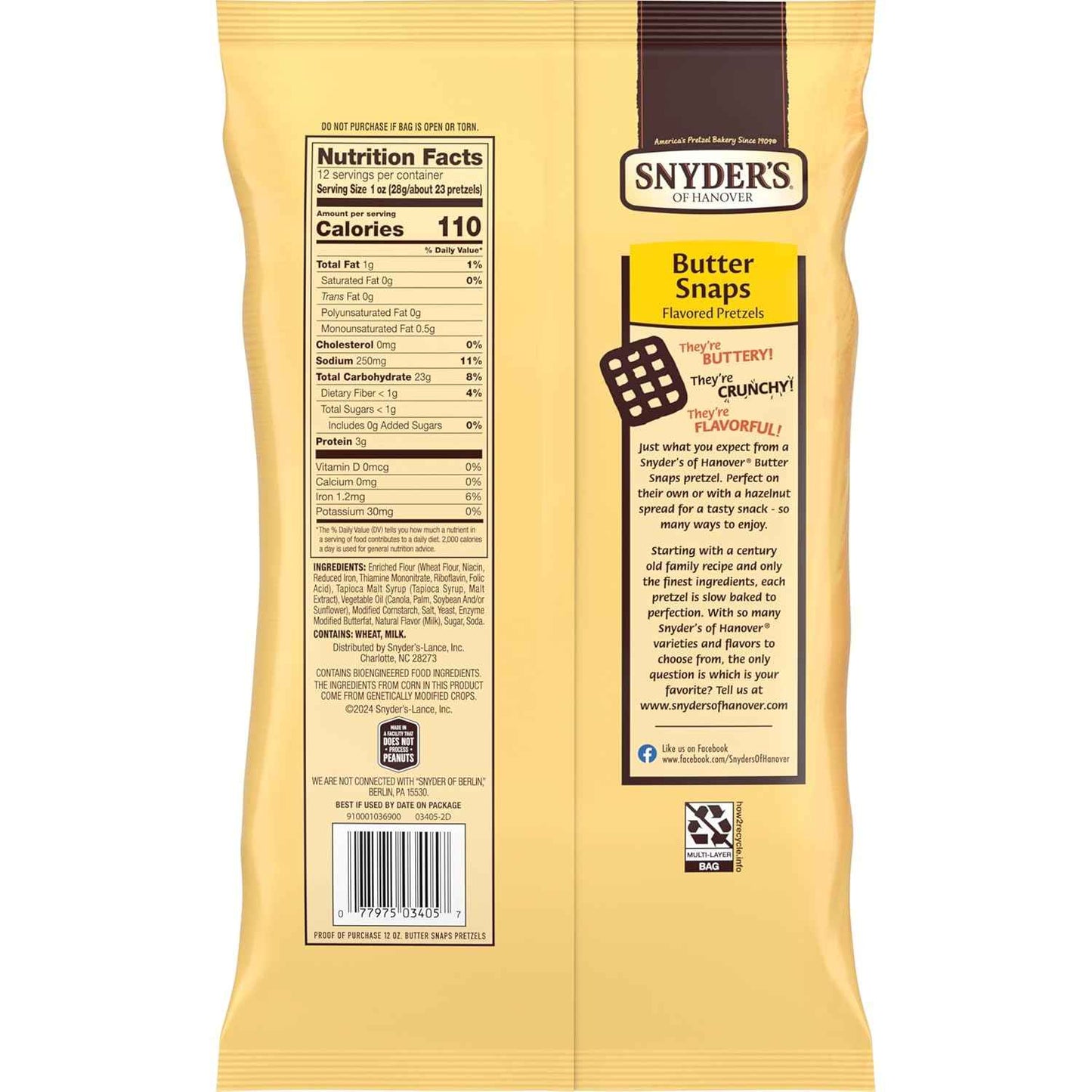 Snyder's of Hanover Butter Snaps Pretzels – Guilt-Free Low-Fat Office Snack, No Artificial Flavors 3-Pack