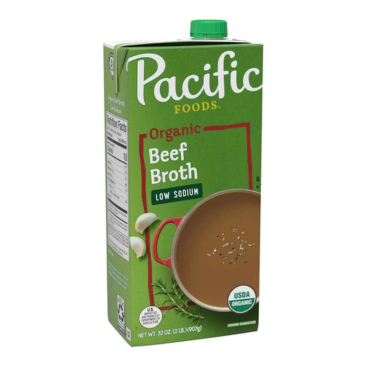 Pacific Foods Low Sodium Organic Beef Broth for Family Weeknight Dinners, Mild-Flavor Cooking Base for Kids' Meals