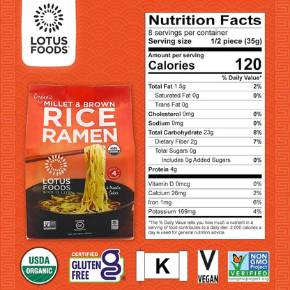 Lotus Foods Organic Millet & Brown Rice Ramen Noodles – Two-Ingredient Vegan Ramen for Clutter-Free Gluten-Free Pantries, 10 oz