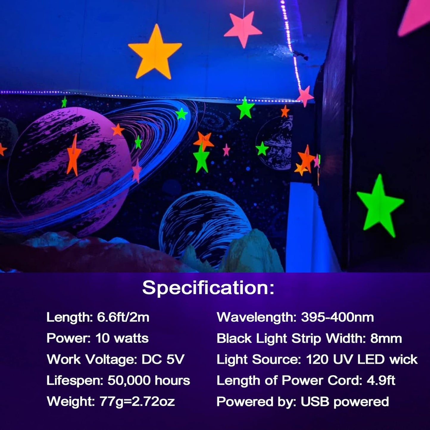 Lumiglow UV Black Light Strip – 6.6ft Child-Safe Glow Light for Playroom, Tween Bedroom and Rec Room