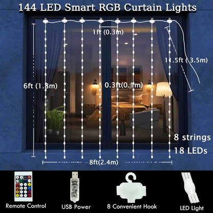 LuminVue Smart Curtain Lights – IP68 Waterproof Patio String Lights RGB, 8ft x 6ft Backyard Decor