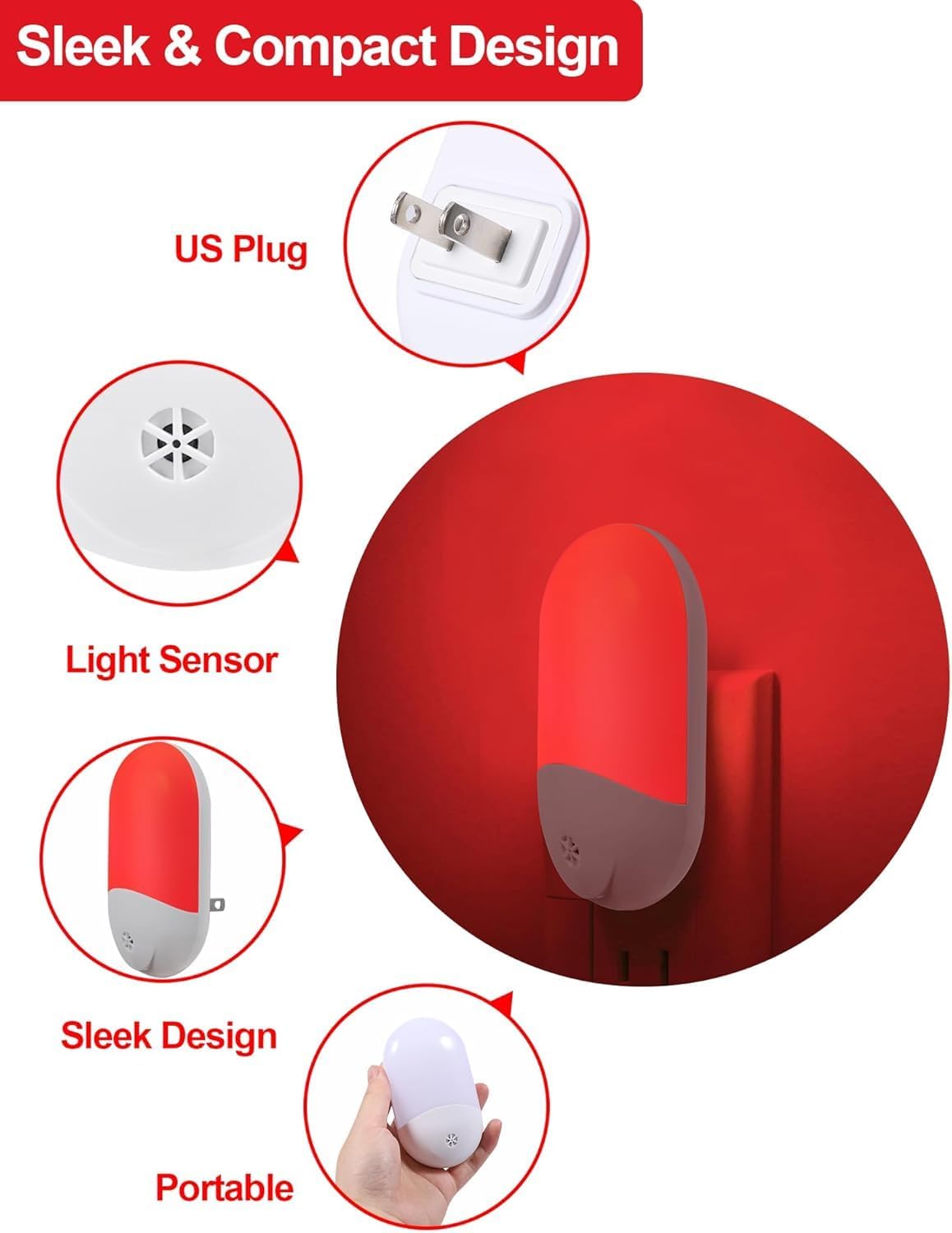 LumiRed Flameless Red Night Light for Safe Nighttime Navigation, Hallway and Bathroom Plug-in 2-Pack