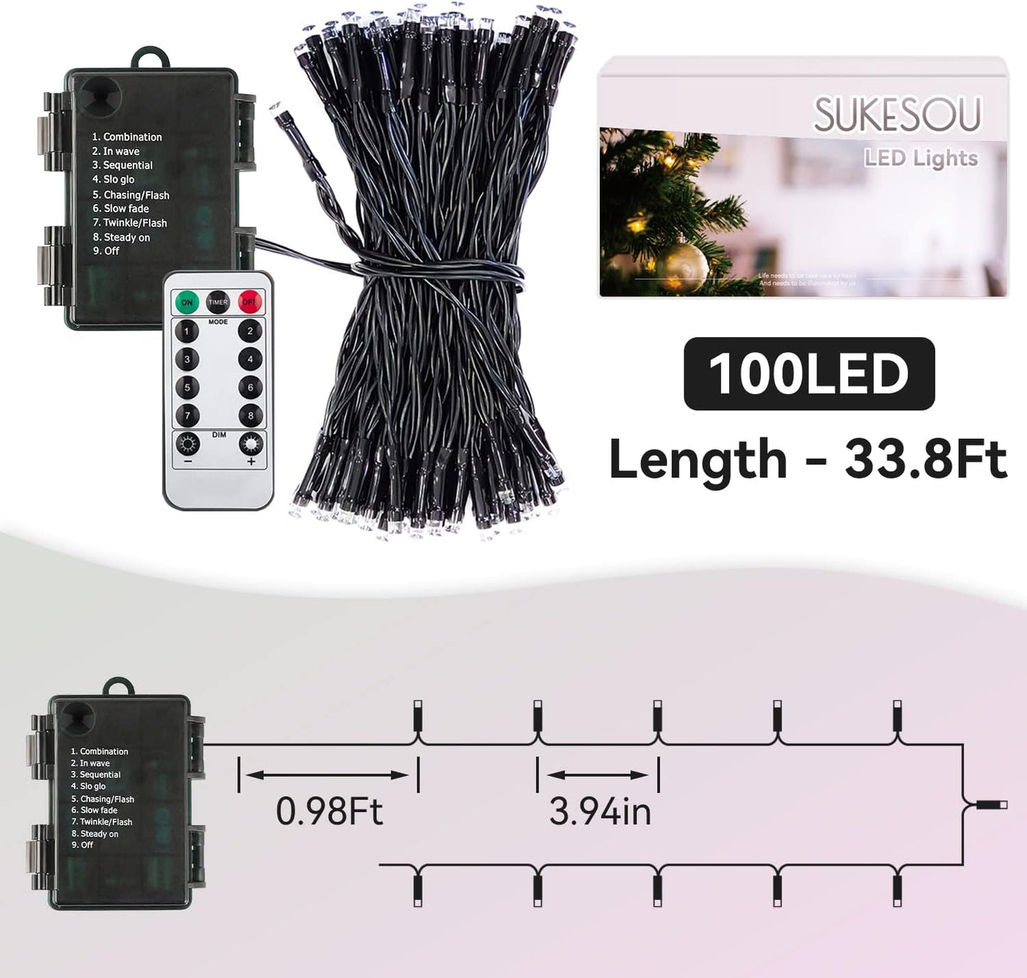 LUMIRESCO 33Ft 100 LED Battery String Lights – Flameless Twinkle Lights Safe for Bedroom and Around Curtains, Cool Running LEDs with Auto Timer