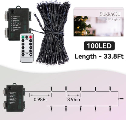 LUMIRESCO 33Ft 100 LED Battery String Lights – Flameless Twinkle Lights Safe for Bedroom and Around Curtains, Cool Running LEDs with Auto Timer