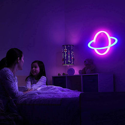 Lumoonosity Saturn Neon Sign - Blue Pink LED Wall Light for Bedroom Aesthetic, Planet Shaped Room Decor with USB Power and On/Off Switch