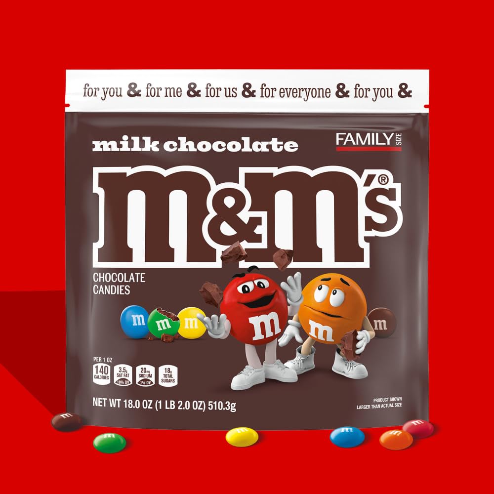 M&M'S Milk Chocolate Candy for Kids – Family Size 18 oz Resealable Bag for Lunch Boxes and Snack Time
