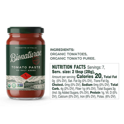 Bionaturae Organic Tomato Paste - No Added Sugar Keto Friendly Pantry Essential for Low Sodium Whole Food Cooking, 7 Oz