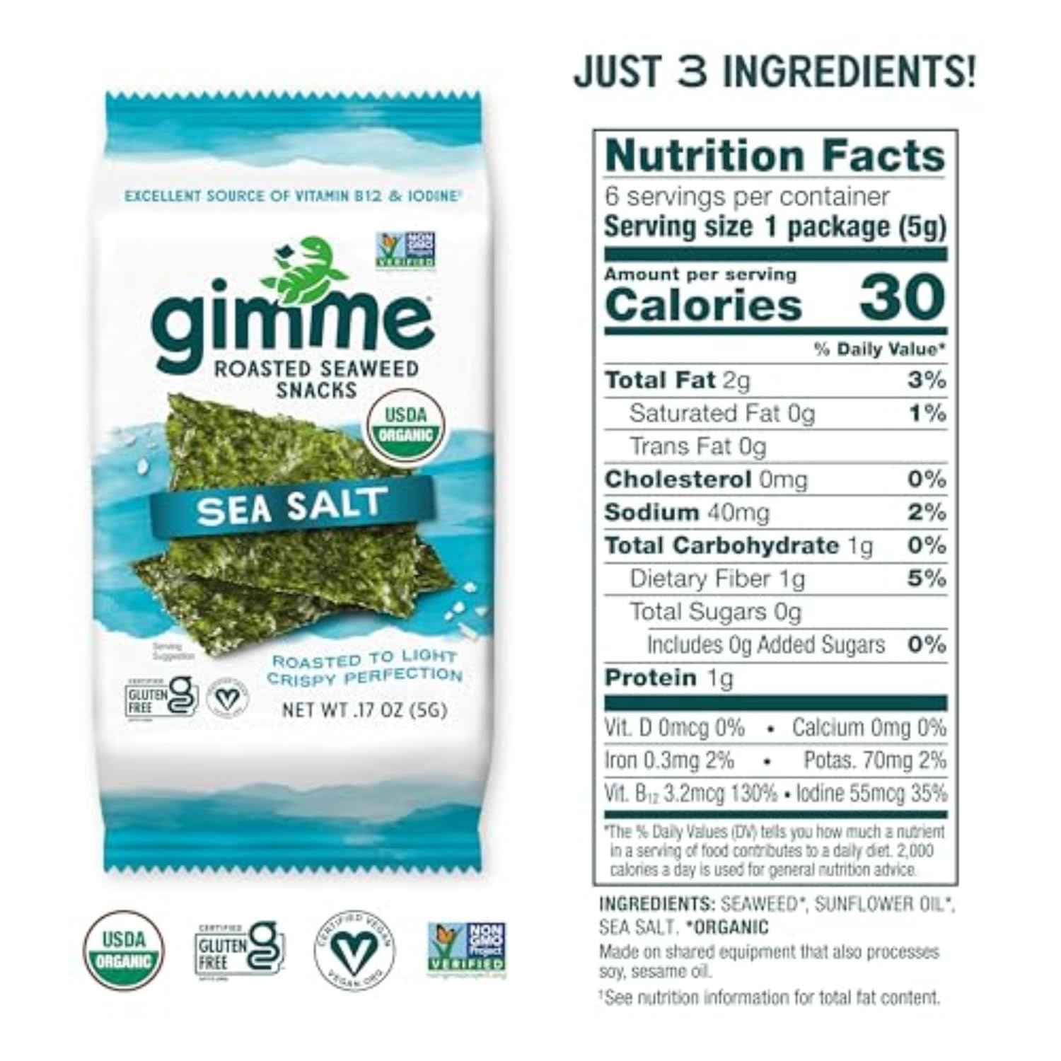 Gimme Seaweed Organic Roasted Seaweed – Portable Travel Snack for Hiking and Road Trips, Lightweight 5g Packs, 6 Count
