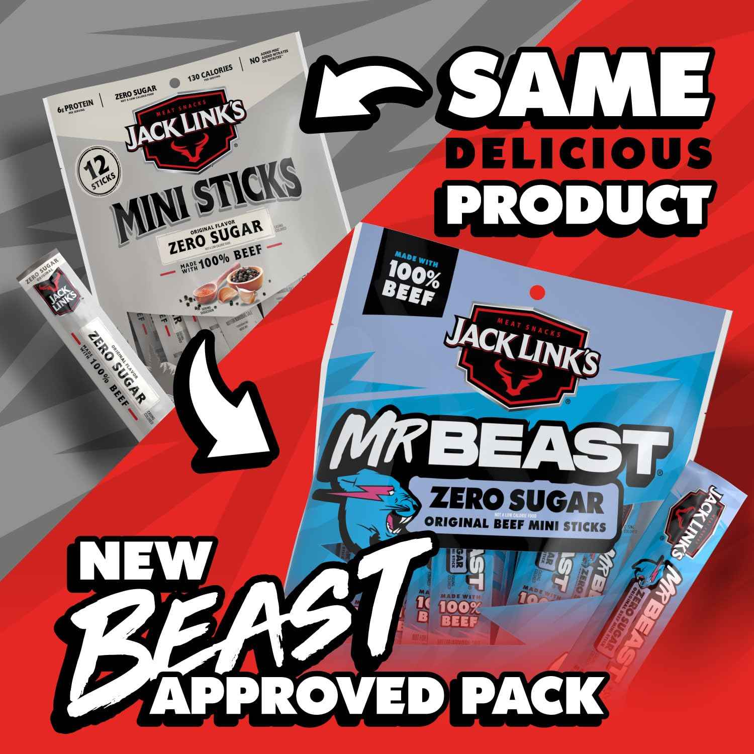 Jack Link's x MrBeast Zero Sugar Mini Beef Sticks – Low-Sugar Gym Bag Protein for Macro Trackers, 12 Pack