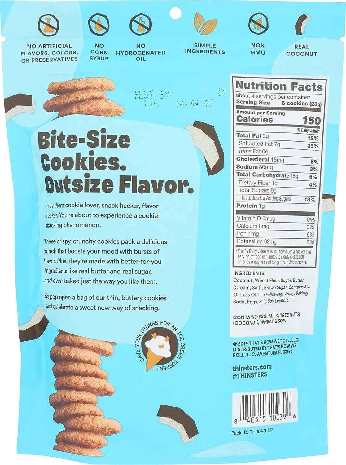 Thinsters Toasted Coconut Cookies – Travel Snack for Road Trips and Commutes, Resealable 4 oz Bag