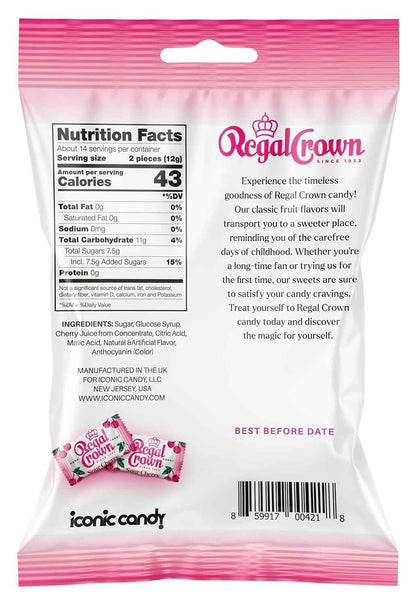 Regal Crown Sour Cherry Candy – Individually Wrapped Lunchbox Treat, Tart Cherry Snack for Kids' Backpack in 6.25oz Peg Bag