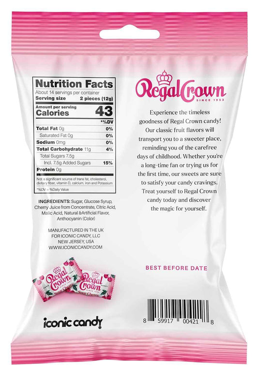 Regal Crown Sour Cherry Candy – Individually Wrapped Lunchbox Treat, Tart Cherry Snack for Kids' Backpack in 6.25oz Peg Bag