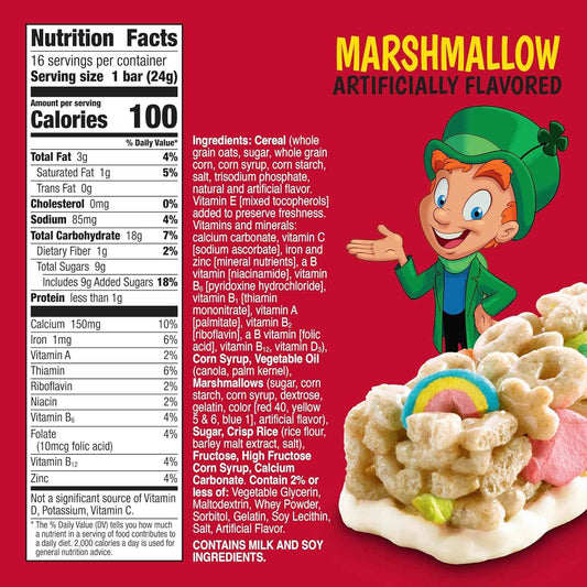 Lucky Charms Breakfast Cereal Treat Bars – Lunchbox Snack for School-Age Kids, Individually Wrapped Value Pack of 16