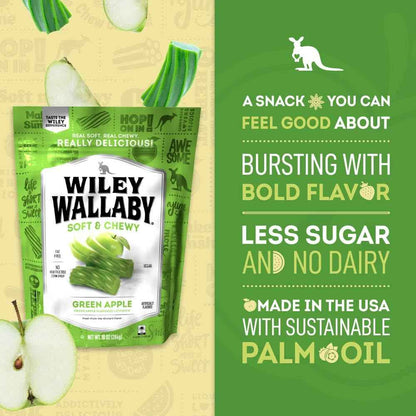 Wiley Wallaby Green Apple Licorice – Resealable 10 oz Pouch for Road Trips, Car Snacks & Picnics