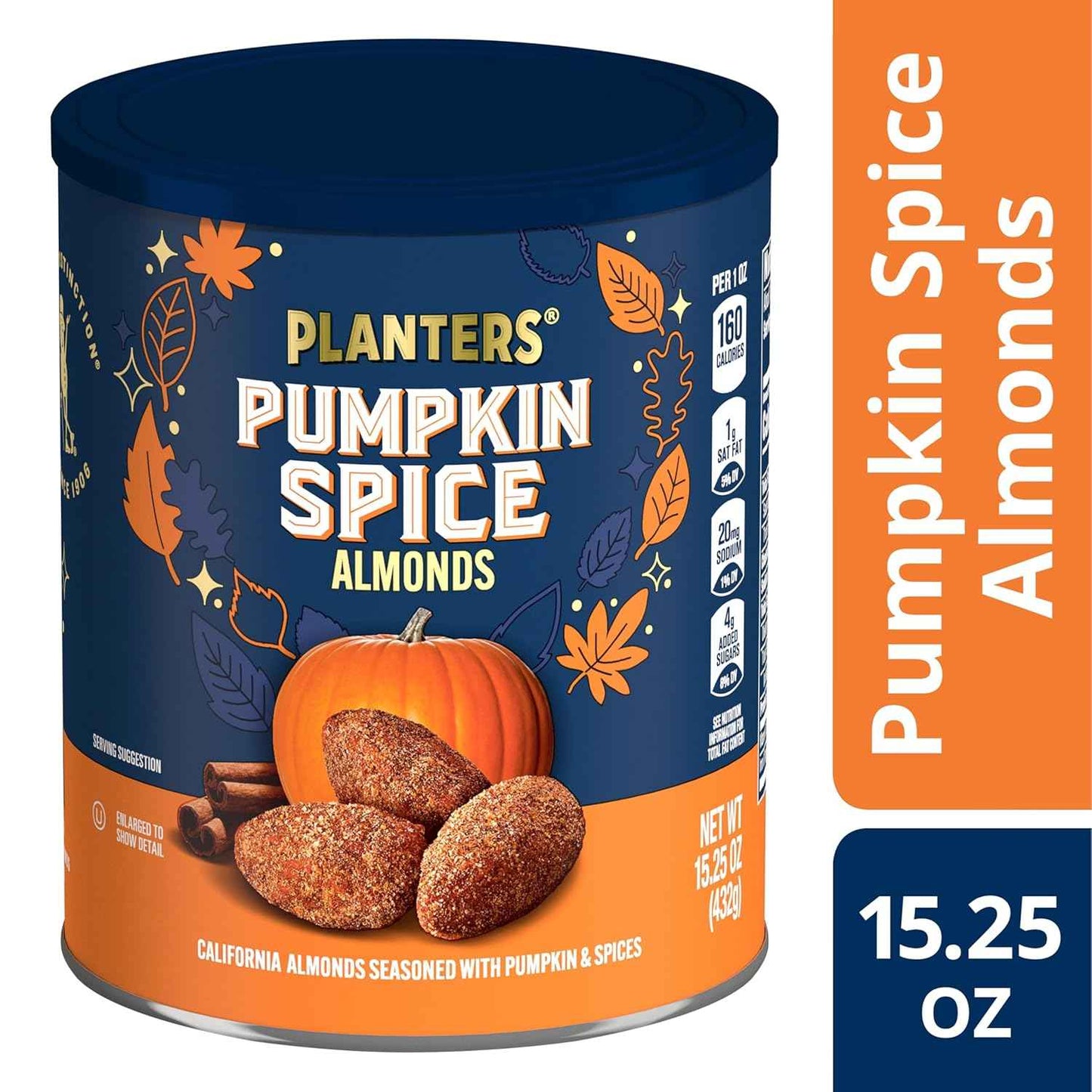 PLANTERS Fall Edition Pumpkin Spice Almonds 15.25 oz Canister – Cozy Self-Care Evening Snack for Mindful Wind-Down Routines, Plant-Based Protein Treat for Relaxing at Home