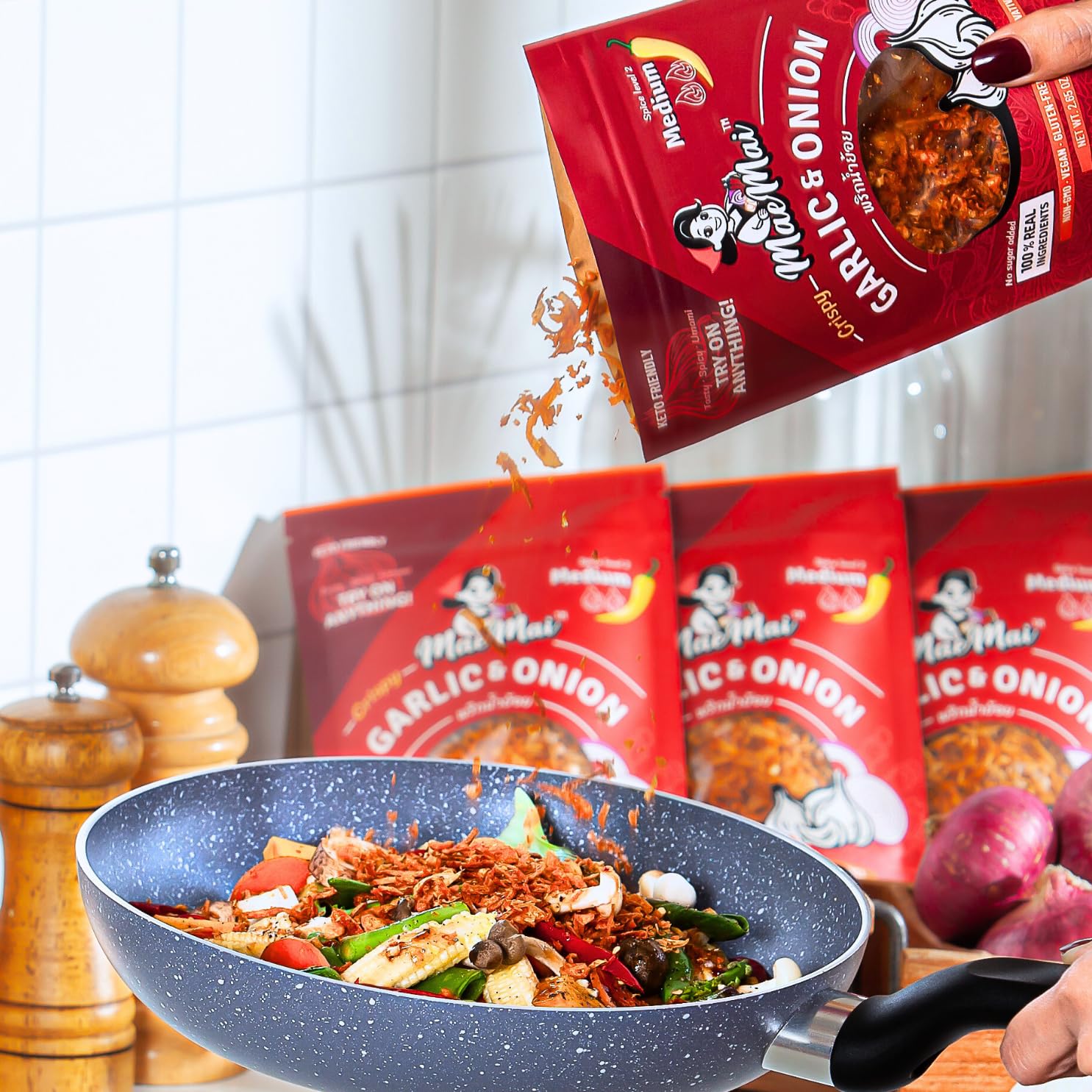 MaeMai Medium Spice Crispy Onions & Garlic Flakes - Clean-Label Thai Chili Crunch for Mindful Home Cooking, Keto & Vegan Friendly
