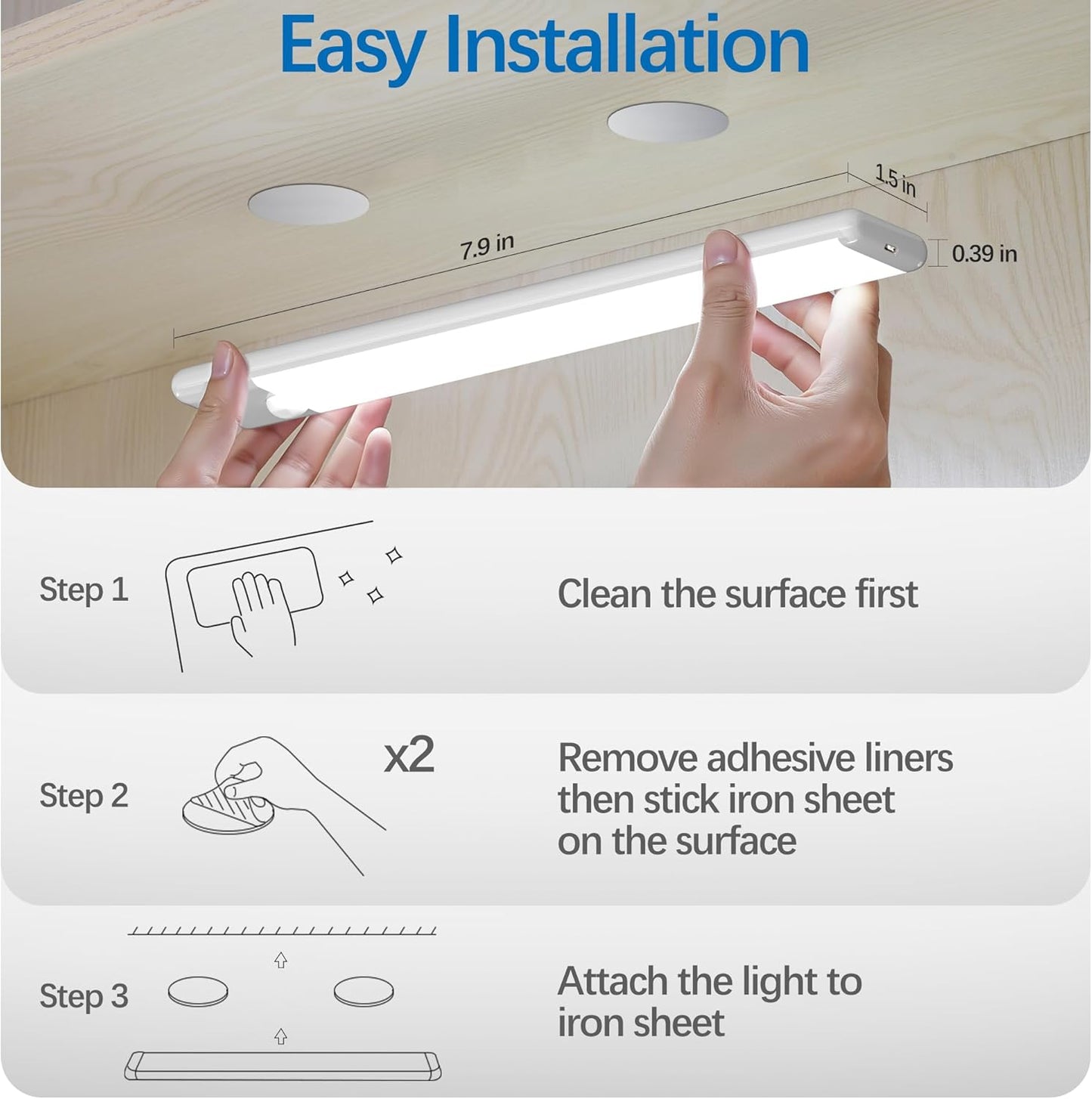 magnetic mounting with included iron sheet and adhesive tape for tool-free install on any surface
