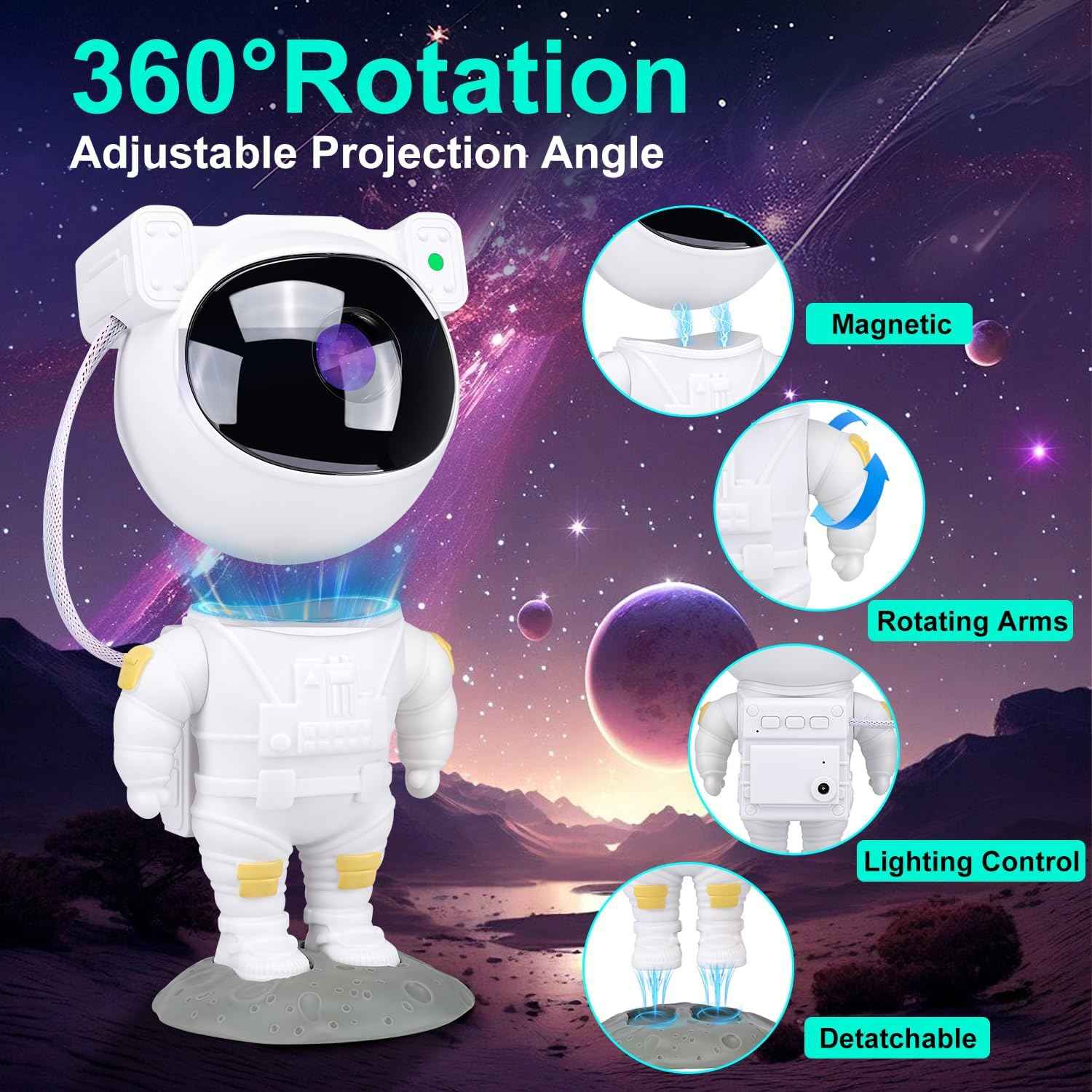 AstraStar Astronaut Star Projector – Safe LED Night Light for Kids Bedroom and Nursery, Cool-to-Touch Lamp with Auto Shutoff