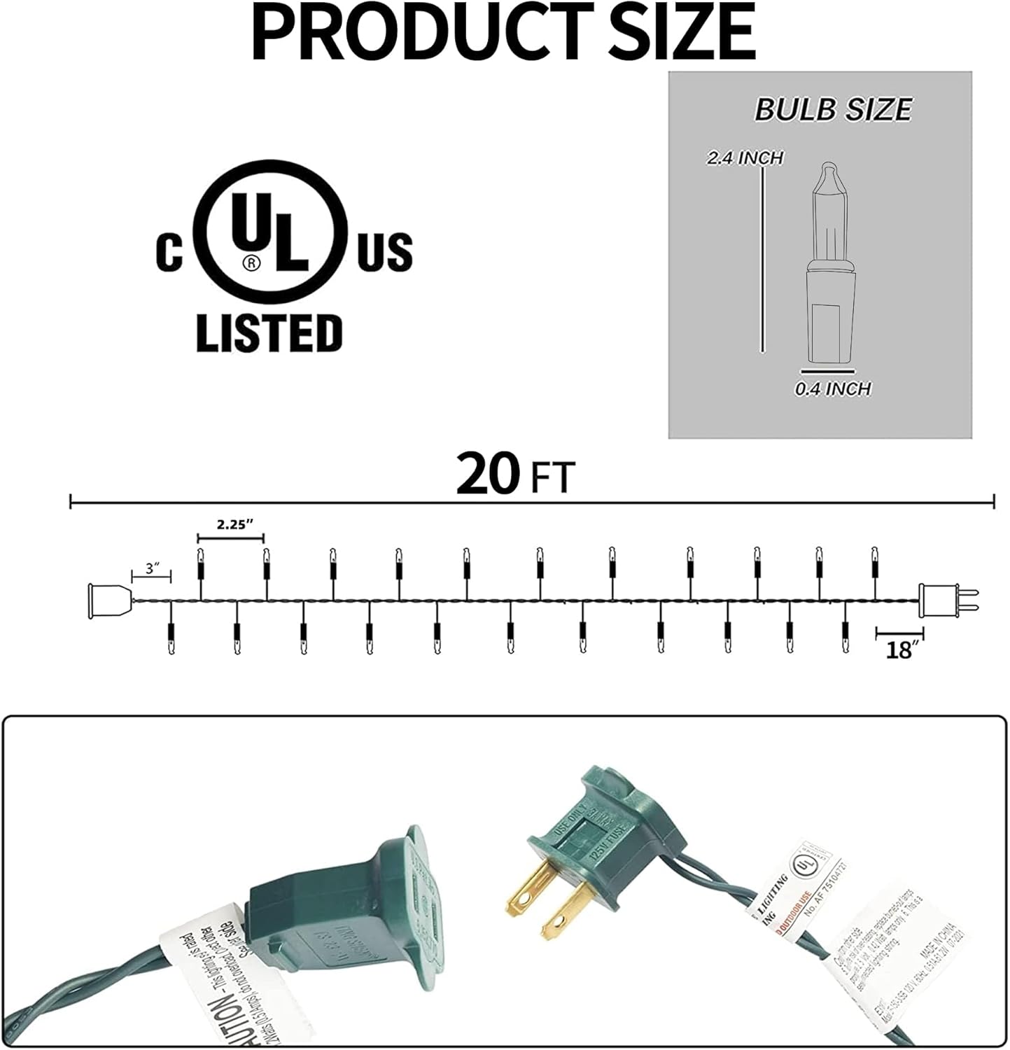 male and female end-to-end connectors supporting up to 6 sets (600 bulbs, 120 ft max)
