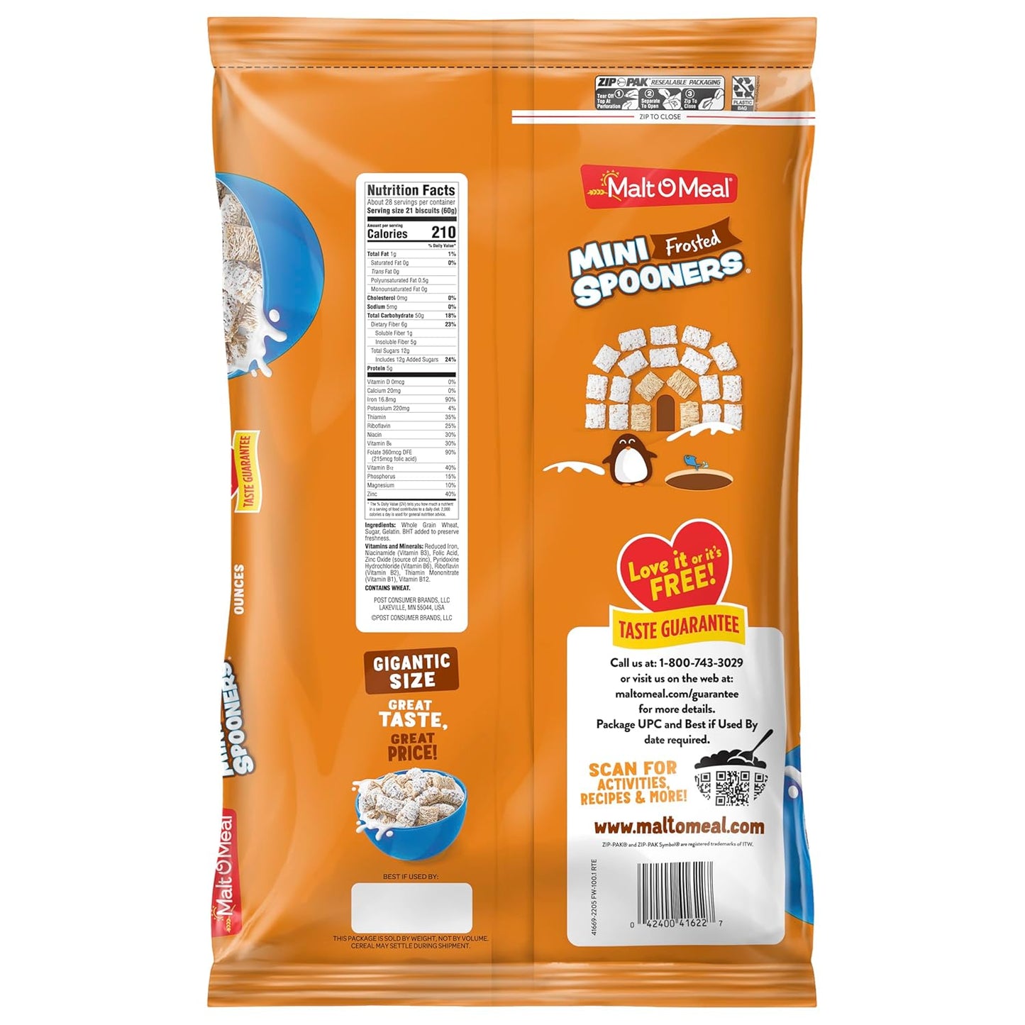 Malt-O-Meal Frosted Mini Spooners Shredded Wheat Cereal, 60 oz Resealable Bulk Bag – Grab-and-Go Commute Breakfast for the Car Cupholder and Office Desk