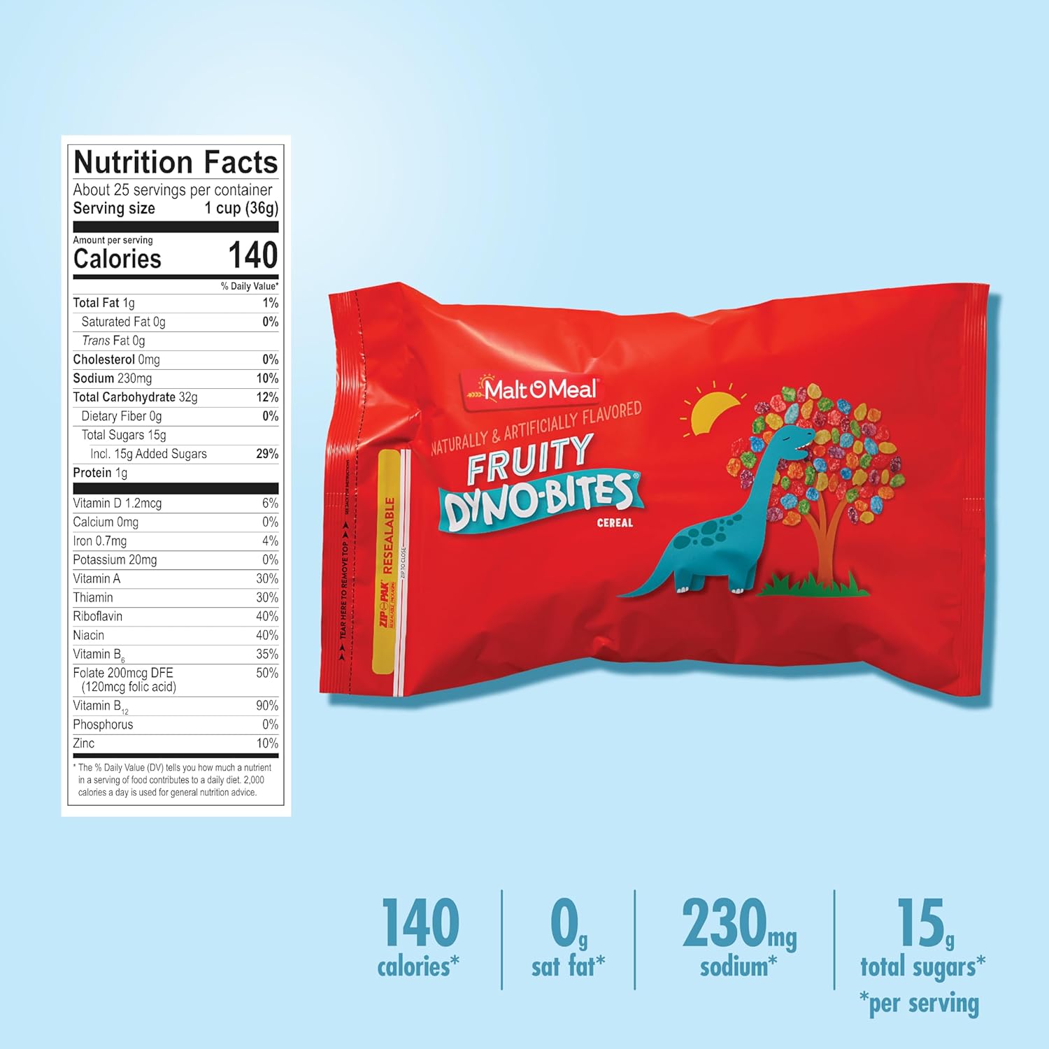 Malt-O-Meal Fruity Dyno Bites Cereal, Gluten Free Wellness Pantry Staple for Sensitive Diets, 32 OZ Resealable Bag